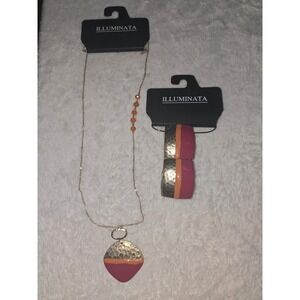 Illuminata Necklace & Bracelet Set Gold Tone Pink Orange Fashion Jewelry NWT